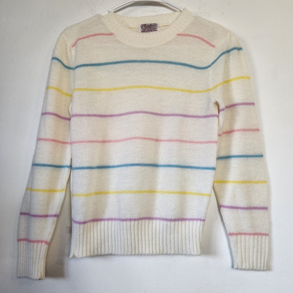 Vintage 90s Pastel Rainbow Striped Sweater XS USA Knit Preppy Cottagecore